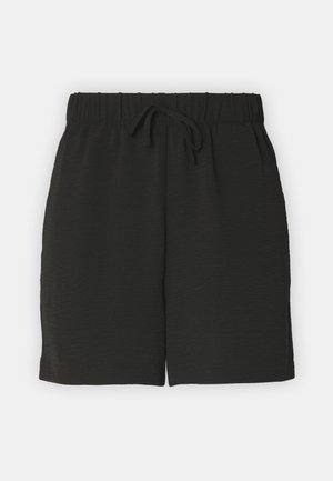 Mustat lysterit, joissa on joustava vyötärö ja nauhakuja. Pehmeä, tekstuuri kangas, jossa on sivutaskut ja löysä malli. Ei näkyviä kuvioita.