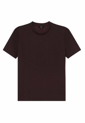Tricou cu mânecă scurtă, guler rotund, de culoare burgundie închisă. Fabricat din bumbac, cu o textură netedă și fără modele sau embellishmente vizibile.