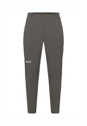Donkergrijze, slim-fit outdoorbroek met riemlussen en Jack Wolfskin-logo op de linker dij.
