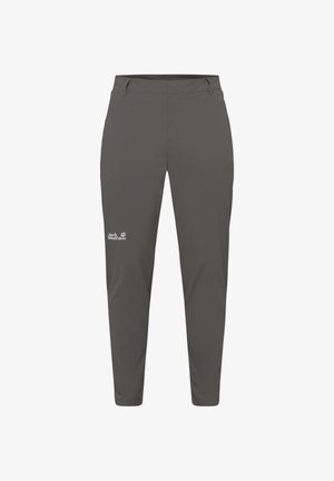 Donkergrijze, slim-fit outdoorbroek met riemlussen en Jack Wolfskin-logo op de linker dij.