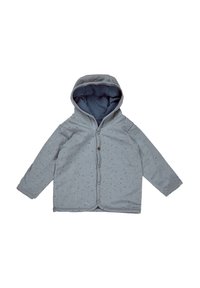 Graue Hoodie-Jacke mit gesprenkelter Textur, Knopfverschluss und blauer Innenauskleidung. Sie verfügt über lange Ärmel und eine abgerundete Kapuze.