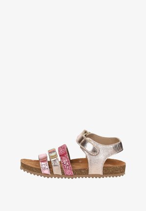 Open sandaal voor kinderen met kurken zool en vier verstelbare bandjes in roze, zilver, glitter en regenboogdetails, zijaanzicht.