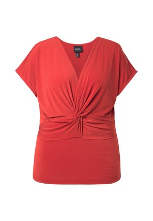 Rode top met korte mouwen, een diepe V-hals en een gedraaide voorkant. Gemaakt van zachte, rekbare stof die geschikt is voor casual wear.