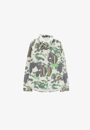 Koszula na długi rękaw z guzikiem, z zaostrzonym kołnierzykiem, pojedynczą kieszenią na piersi oraz abstrakcyjnym kwiatowym wzorem w zielonym, szarym, żółtym i bordowym kolorze.