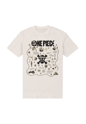 Beige T-shirt met korte mouwen, bedrukt met zwarte "ONE PIECE" tekst en diverse piratenillustraties in een verspreid ontwerp.