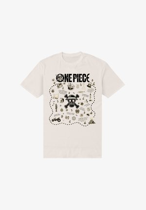 Beige T-shirt met korte mouwen, bedrukt met zwarte "ONE PIECE" tekst en diverse piratenillustraties in een verspreid ontwerp.