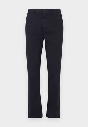 Pantaloni din bumbac bleu marin cu un design cu picior drept, fermoar frontal și închidere cu nasture; au bucle pentru curea și buzunare laterale.