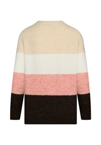 Strickpullover mit rundem Halsausschnitt, der horizontale Streifen in Beige, Weiß, Hellrosa und Dunkelbraun aufweist. Strukturierter Stoff auf der gesamten Fläche.