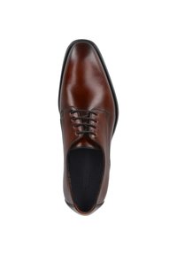 Scarpa da cerimonia in pelle marrone con una superficie liscia, forma affusolata, stringhe sottili, punta arrotondata e suola in gomma nera. L'interno presenta il marchio.