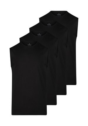 Quattro magliette nere senza maniche con scollo rotondo impilate sovrapposte, design semplice, etichetta del marchio Ragman visibile al collo.