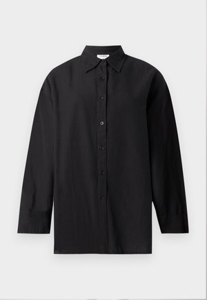 Black long-sleeve button-up shirt with collar, displayed flat, showing front buttons and cuffs.