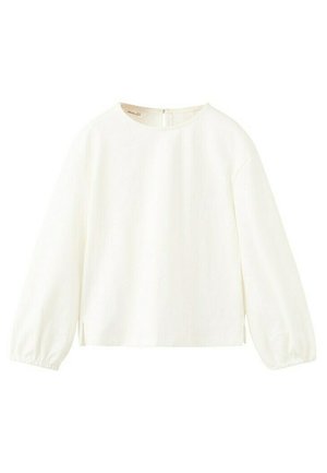 Biała bluzka z długim rękawem, okrągłym dekoltem, elastycznymi mankietami i małym zamkiem z tyłu, prezentowana na białym tle.