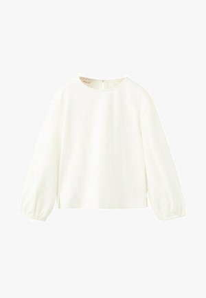 Weiße Bluse mit langen Ärmeln, rundem Ausschnitt, elastischen Bündchen und kleinem Reißverschluss hinten, dargestellt auf weißem Hintergrund.