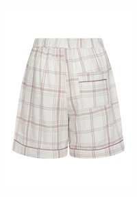 Plaid shorts in white with pink and beige lines, featuring an elastic waistband, a back pocket, and a rolled hem. Cotton material.