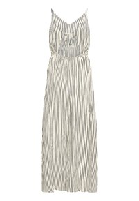 Robe maxi blanche avec fines rayures verticales noires, bretelles spaghetti, un détail noué à l'avant et une taille élastique.