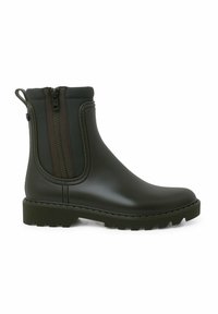 Bottes de cheville en caoutchouc vert avec des semelles à grip texturé et des zips sur les côtés. Fini lisse avec des coutures en relief le long des bords.
