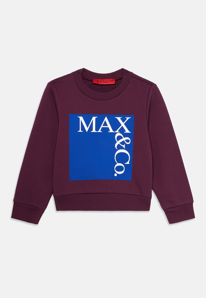 Felpa bordeaux con grafica quadrata blu e testo bianco "MAX&Co." Collo rotondo e polsini a coste. Tessuto morbido e texture.
