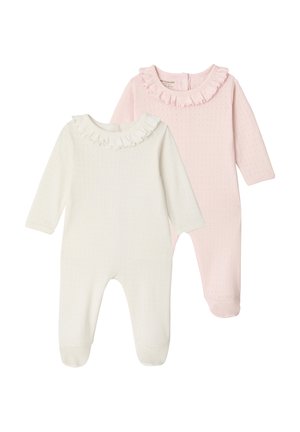 Two long-sleeve baby onesies with footies, one light pink and one cream, both featuring ruffled collars and subtle eyelet patterns.