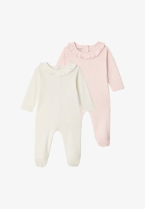 Two long-sleeve baby onesies with footies, one light pink and one cream, both featuring ruffled collars and subtle eyelet patterns.