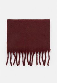Bordo vuna šal s mekom teksturom, pravokutnog oblika i resicama, dimenzija približno 60 cm x 150 cm.