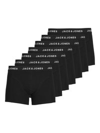 Schwarze Baumwoll-Boxershorts mit einem breiten elastischen Bund, auf dem in weißen Buchstaben "JACK & JONES" steht. Enthält mehrere Paare, die ordentlich angeordnet sind.