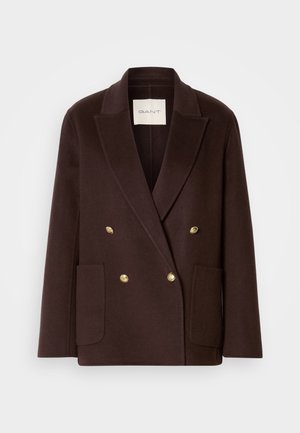Brown, double-breasted blazer made of wool, featuring gold buttons, notched lapels, and two front pockets. Minimalist design, structured shape.