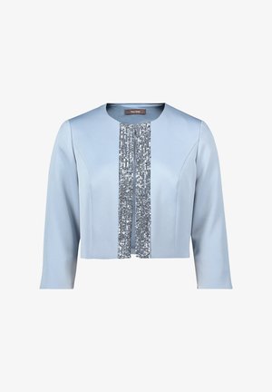 Lichtblauwe cropped jas met lange mouwen, voorzien van een getextureerd zilveren sequinpaneel in het midden en een ronde halslijn.