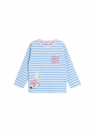 Langärmliges, blauen und weißen gestreiftes Kleinkinderhemd mit pinkem Saum, einer blühenden Tasche und einer stickerei von einer Maus, die auf gestapelten Teetassen sitzt.