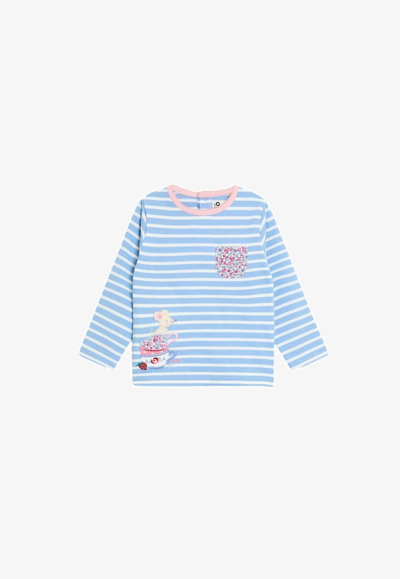 Hosszú ujjas, kék és fehér csíkos kisded póló rózsaszín díszítéssel, virágos zsebbel és horgolt egérrel, amely teáscsésze halmon ül.