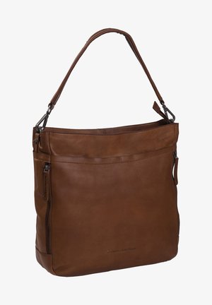 Braune Leder-Schultertasche mit einem einzelnen oberen Griff, Reißverschlusstasche auf der Vorderseite, glatter Textur und minimalistischem Design.