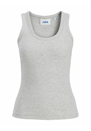 Débardeur en coton côtelé gris clair avec un col rond, design sans manches et étiquette de la marque JJXX au niveau du col.