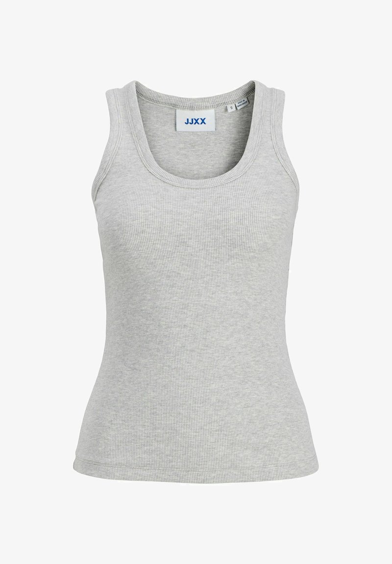 Ανοιχτό γκρι ριμπ βαμβακερό τοπ με στρογγυλή λαιμόκοψη, χωρίς μανίκια και ετικέτα της μάρκας JJXX στον γιακά.