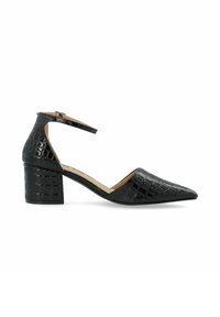 Escarpin en cuir verni noir avec effet crocodile, à bout pointu et bride de cheville ajustable. Doté d'un talon bloc pour le soutien.