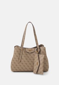 Beige tote bag featuring an embossed pattern, gold-tone hardware, brown trim, and two sturdy handles. Includes a matching pouch.