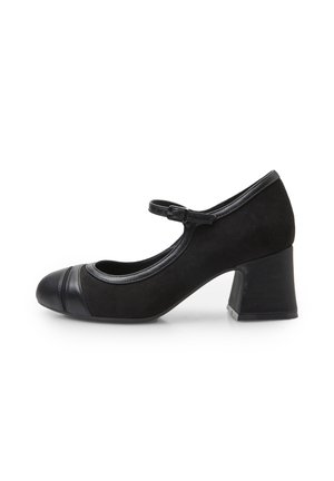 Chaussure Mary Jane noire avec bout rond, bride et boucle, talon bloc, et détails lisses sur le bout renforcé.