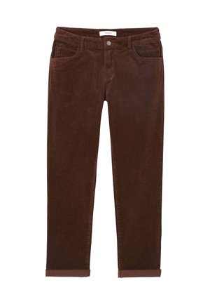 Pantalons en velours côtelé marron à jambe droite avec poches avant, passants de ceinture, bouton et ourlets roulés.