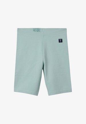 Lichtgroene shorts van een katoenmix met een gladde textuur, voorzien van een elastische tailleband en een knoopsluiting. Klein logo aan de zijkant.