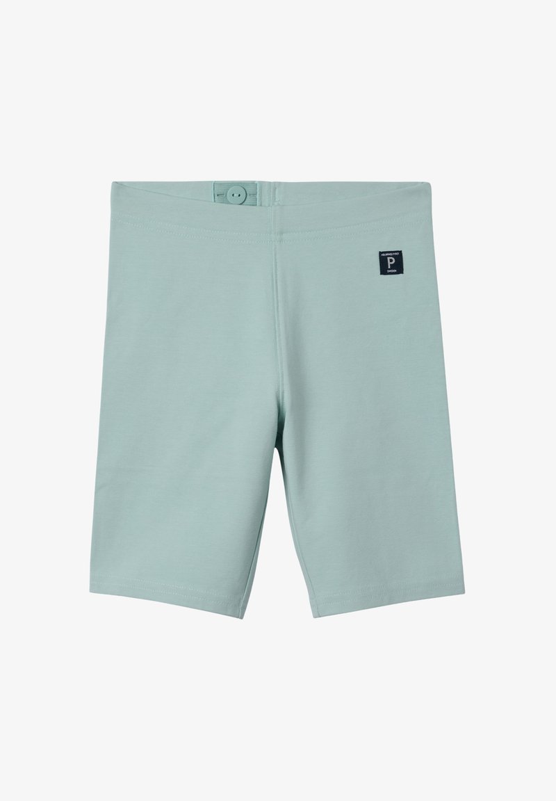Lichtgroene shorts van een katoenmix met een gladde textuur, voorzien van een elastische tailleband en een knoopsluiting. Klein logo aan de zijkant.