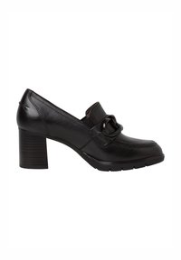 Black leather heeled loafers with a rounded toe, featuring a decorative buckle and a textured block heel. Rubber sole for traction.