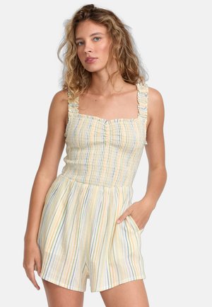 Striped romper in soft fabric, featuring a fitted bodice with ruffled straps, square neckline, and side pockets, in pastel colors.