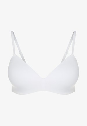 Biały stanik o gładkim, bezszwowym designie, z regulowanymi ramiączkami i dekoltem w kształcie litery V. Wykonany z miękkiego, elastycznego materiału.