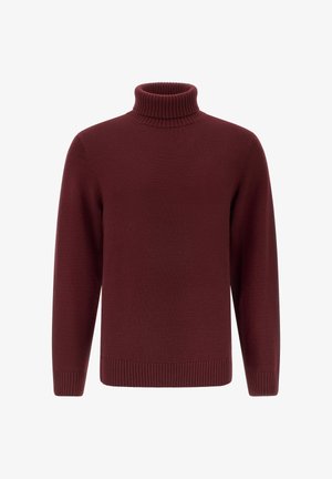 Bordowy sweter z golfem, wykonany z dzianiny, z prążkowanymi rękawami i dołem, w jednolitym kolorze o gładkiej fakturze.