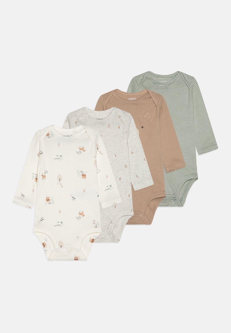 Quatre bodysuits pour bébé à manches longues : un blanc avec des imprimés animaux, gris, beige et à rayures vertes. Fabriqués en tissu doux avec des boutons-pression.
