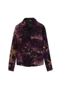 Camicia a maniche lunghe con bottoni nera con un motivo floreale viola e oro, caratterizzata da un colletto classico e un tessuto testurizzato.