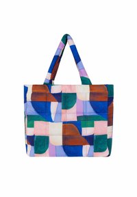 Gevoerde tas met een veelkleurig geometrisch patroon in blauw, groen, roze en bruin. Heeft twee langwerpige handvatten om te dragen.