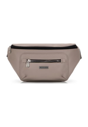 Beige synthetisch leren heuptas met een zwarte rits. Beschikt over een voorzak met rits en een merkembleem. Compact rechthoekig ontwerp.