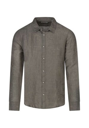 Chemise en lin marron à manches longues, boutonnée avec un col pointu et un ourlet droit, présentée sur un fond blanc.