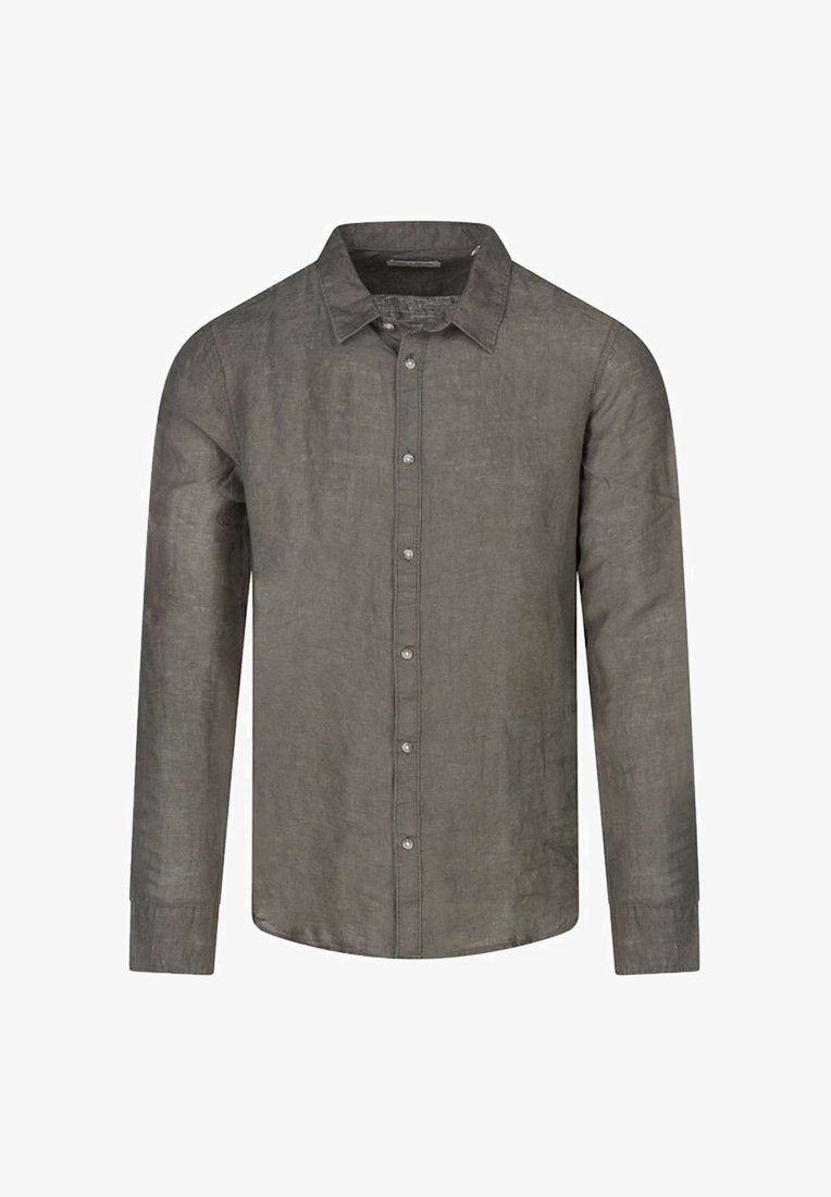 Chemise en lin marron à manches longues, boutonnée avec un col pointu et un ourlet droit, présentée sur un fond blanc.