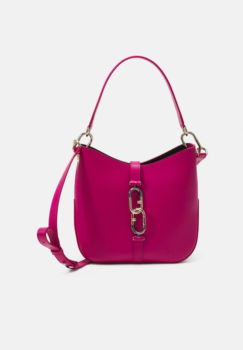 Pink leather shoulder bag with smooth texture, gold hardware, and a central strap closure. Features a detachable long strap for versatility.