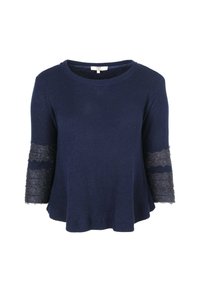 Marineblauwe gebreide trui met een losse pasvorm en 3/4 mouwen, voorzien van getextureerde kantaccenten op de manchetten. Ronde halslijn.